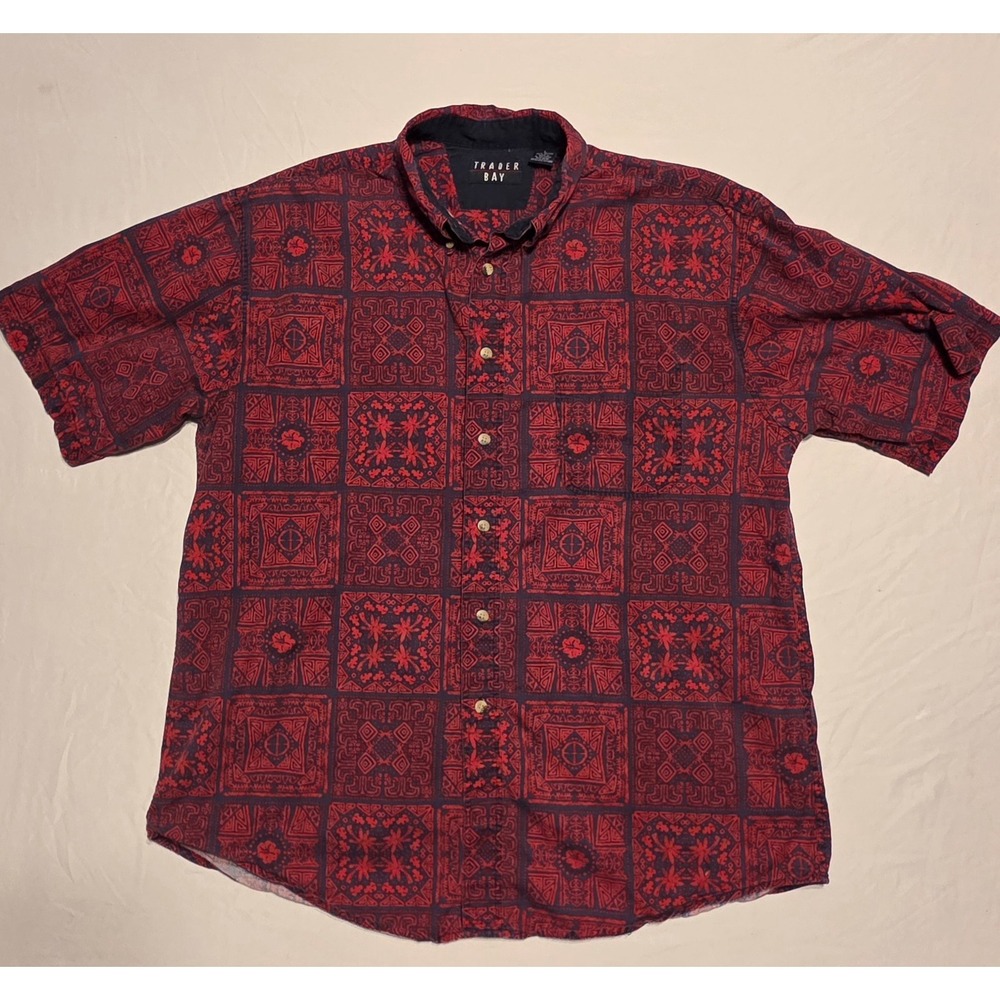 Trader Bay Vintage Men's Large Red Blue Hawaiian Geometric Cotton Shirt